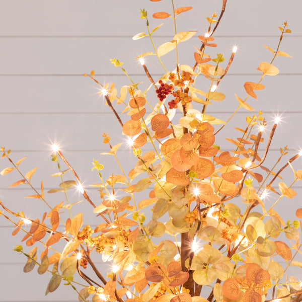4' Pre-Lit Autumn Eucalyptus Artificial Fall Tree with Pinecones, Berries and 60 Warm White LED Lights