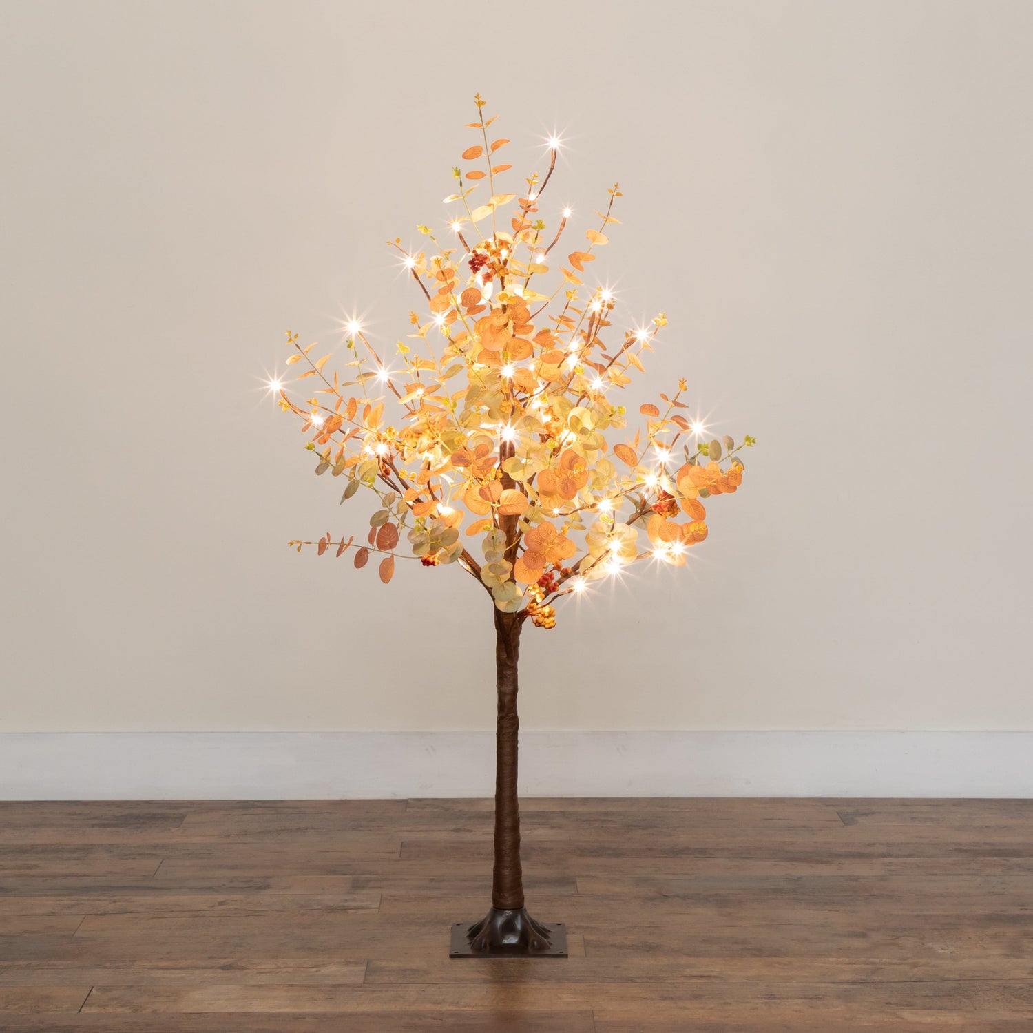 4' Pre-Lit Autumn Eucalyptus Artificial Fall Tree with Pinecones, Berries and 60 Warm White LED Lights