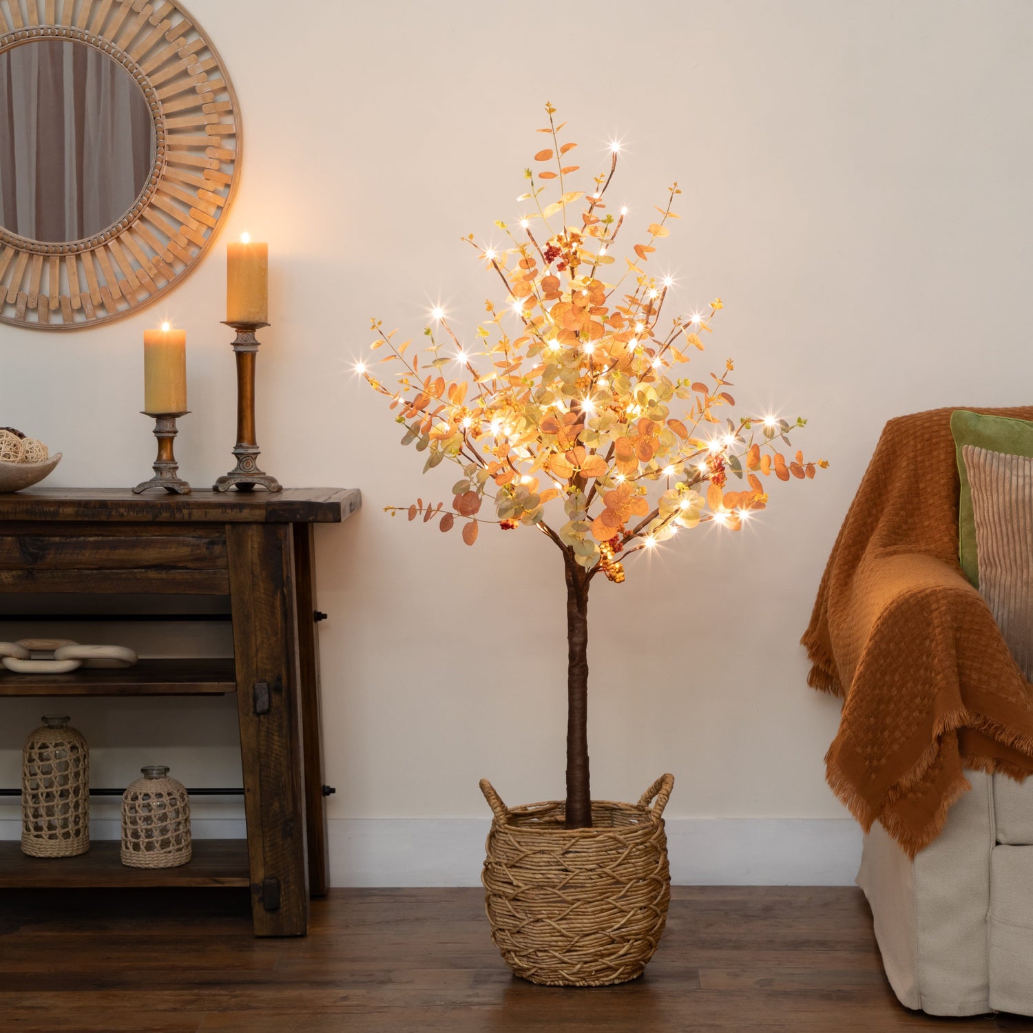 4' Pre-Lit Autumn Eucalyptus Artificial Fall Tree with Pinecones, Berries and 60 Warm White LED Lights