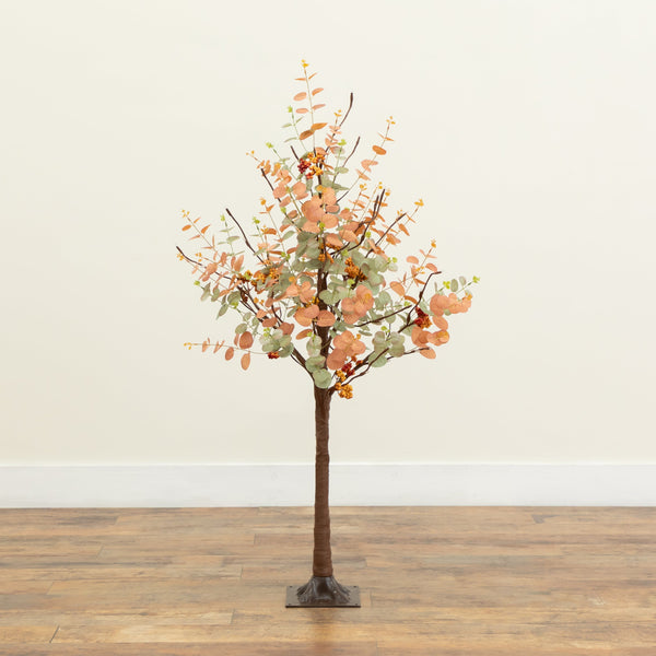 4' Pre-Lit Autumn Eucalyptus Artificial Fall Tree with Pinecones, Berries and 60 Warm White LED Lights