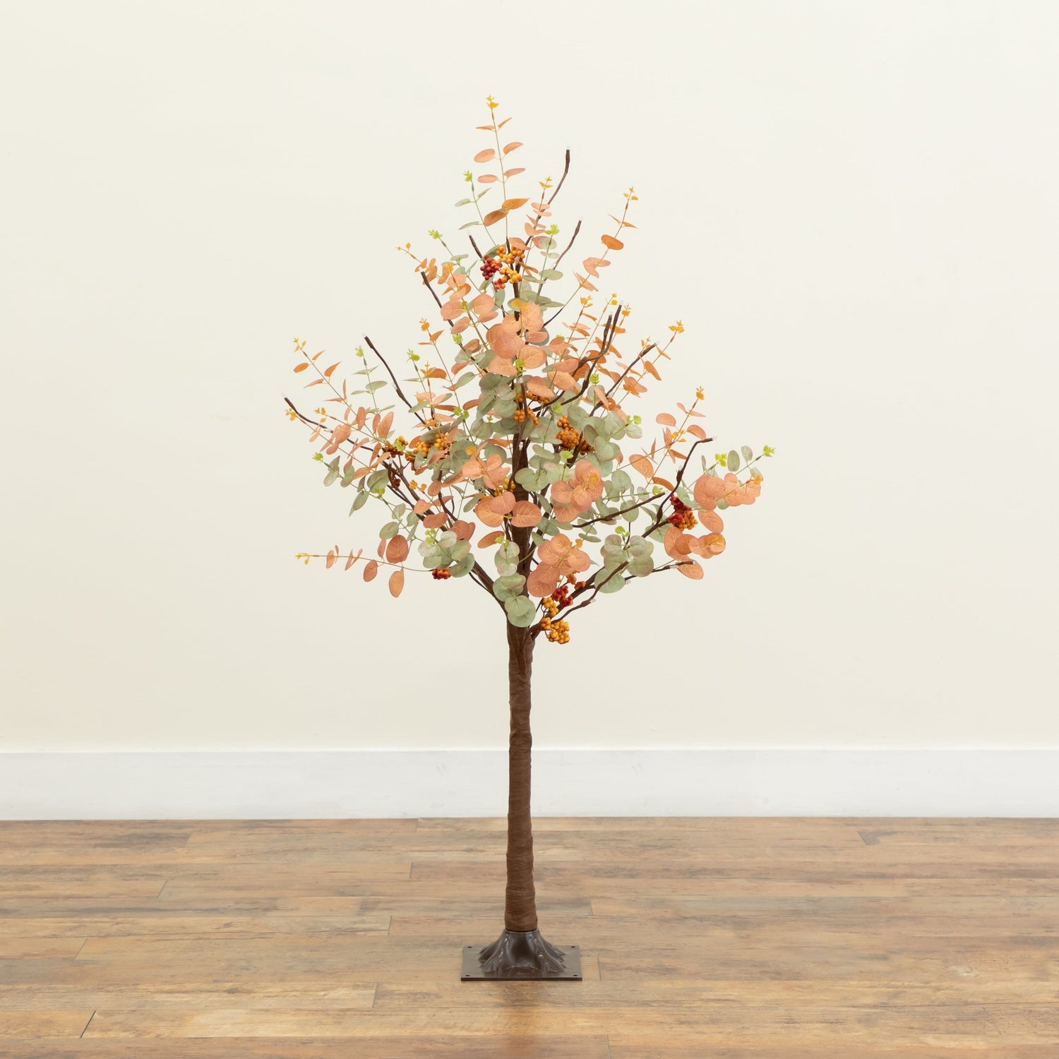 4' Pre-Lit Autumn Eucalyptus Artificial Fall Tree with Pinecones, Berries and 60 Warm White LED Lights