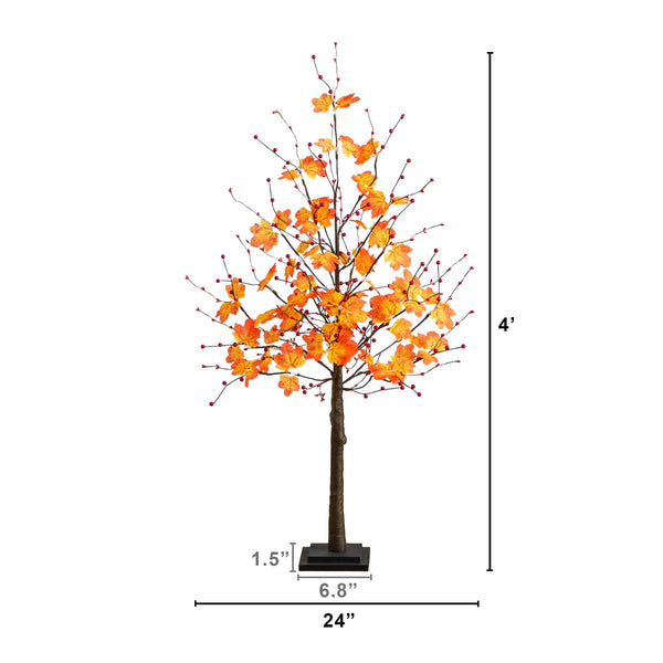 4' Pre-Lit Autumn Maple Artificial Fall Tree with Berries and 60 Warm White LED Lights