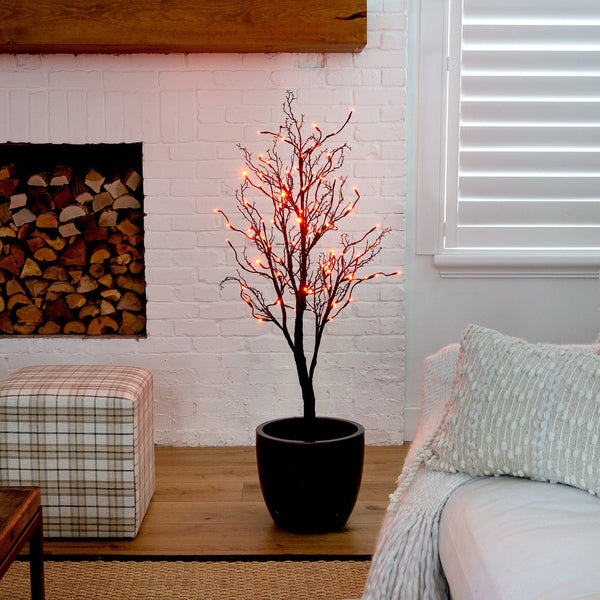 4’ Pre-Lit Halloween Deluxe Black Twig Artificial Tree with 81 Orange & Purple LED Lights