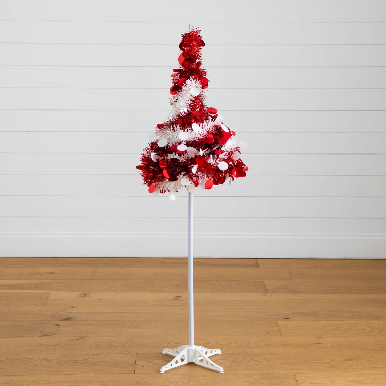 4' Pre-Lit Pop up Red & White Tinsel Christmas Tree with 50 Mutlicolored LED Lights
