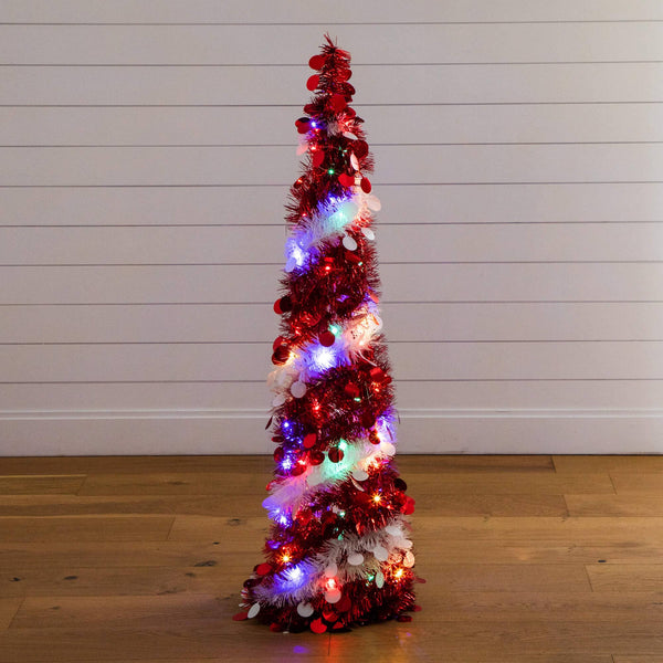 4' Pre-Lit Pop up Red & White Tinsel Christmas Tree with 50 Mutlicolored LED Lights