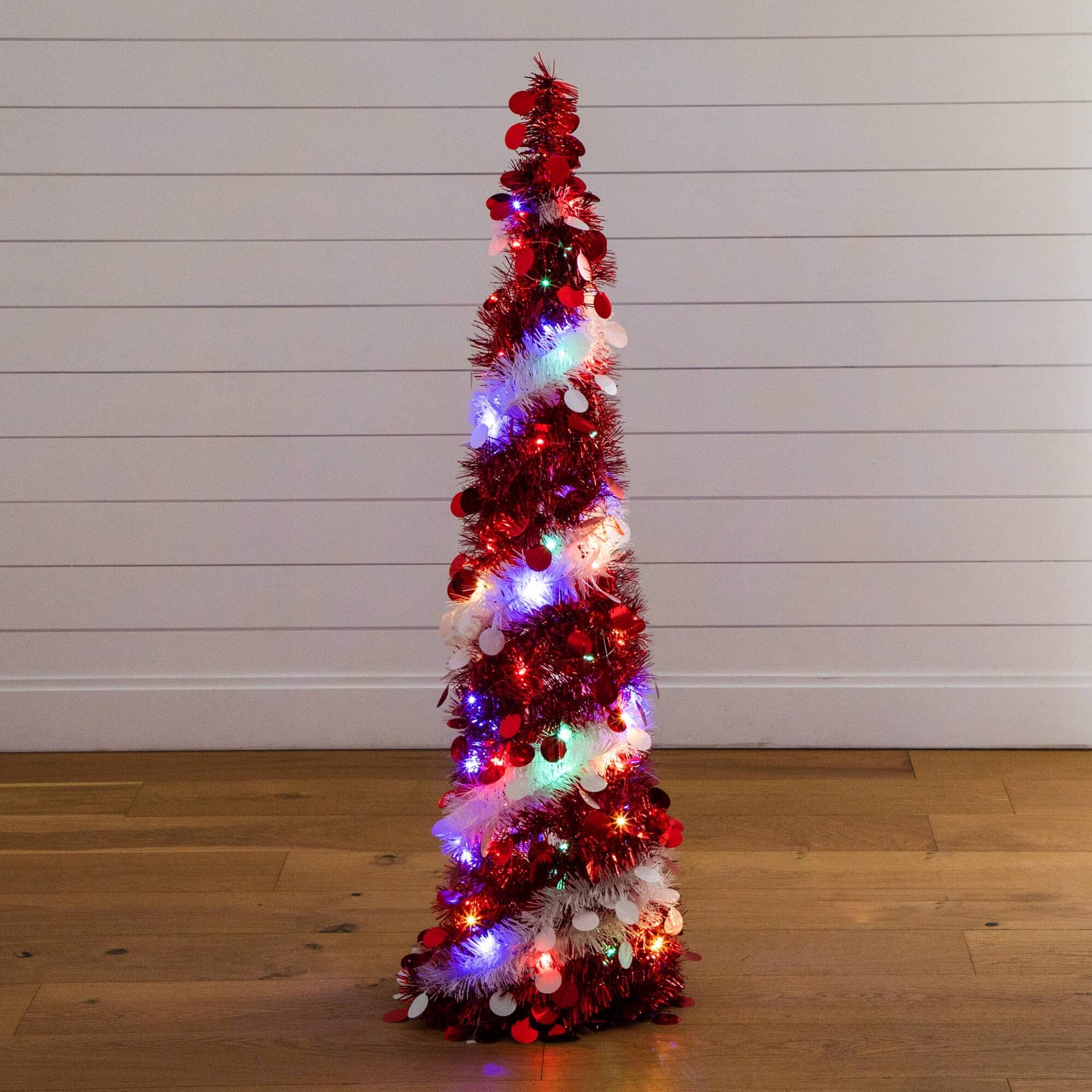4' Pre-Lit Pop up Red & White Tinsel Christmas Tree with 50 Mutlicolored LED Lights