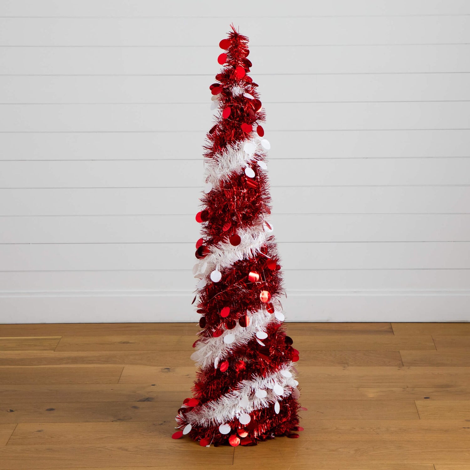 4' Pre-Lit Pop up Red & White Tinsel Christmas Tree with 50 Mutlicolored LED Lights