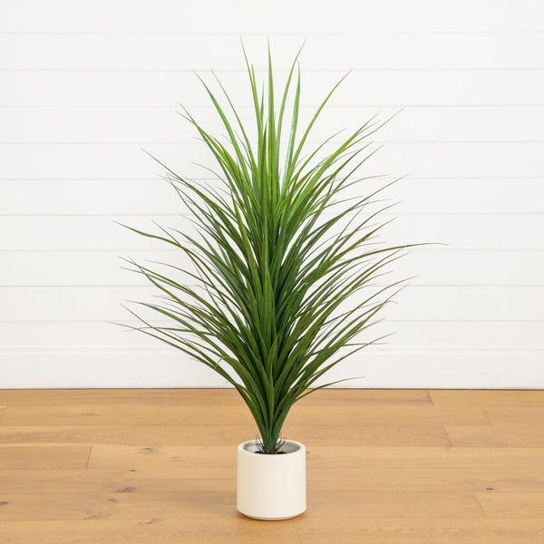 4’ UV Resistant Artificial Grass Plant in White Decorative Planter (Indoor/Outdoor)