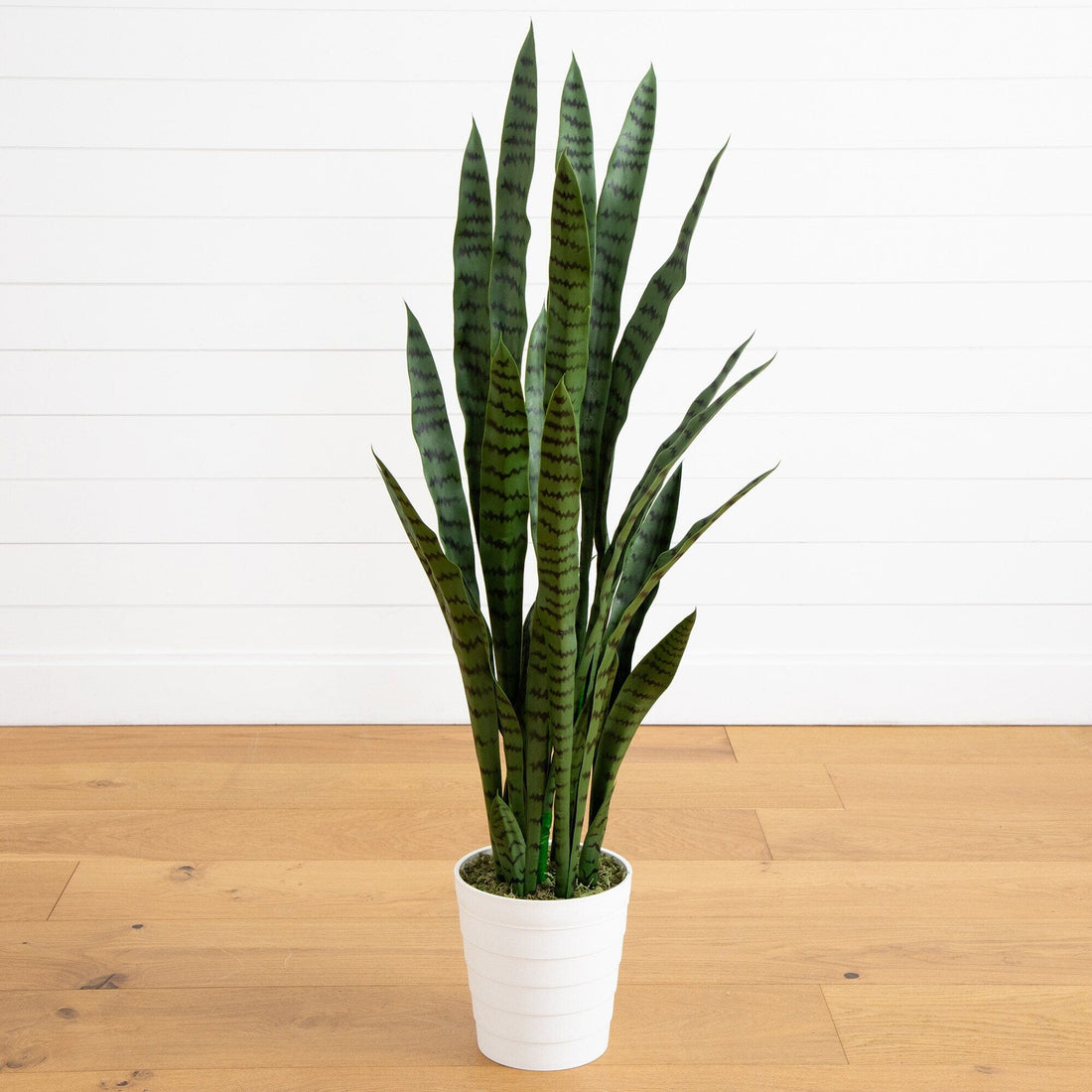snake plant natural 4’ UV Resistant Artificial Sansevieria Plant in White Decorative Planter (Indoor/Outdoor)