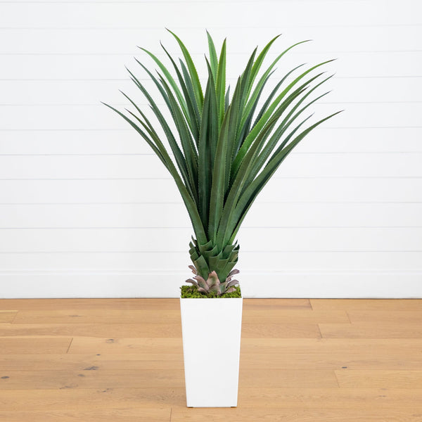 4' UV Resistant Artificial Spiked Agave Plant in White Tower Planter (Indoor/Outdoor)
