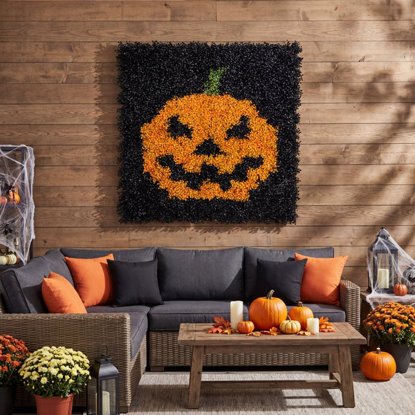 40” x 40” UV Resistant Artificial Halloween Boxwood Jack-o'-Lantern Wall Decor Mat (Indoor/Outdoor)