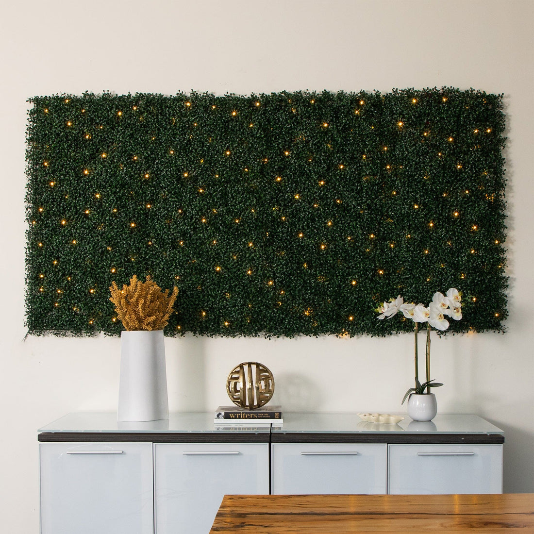 40” x 40” UV Resistant Boxwood Artificial Living Wall Panel with 100 Warm  White LED Lights
