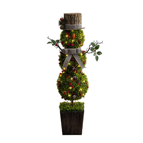 42” Pre-Lit Artificial Christmas Boxwood Snowman Topiary Tree with 45 LED Lights in Decorative Planter