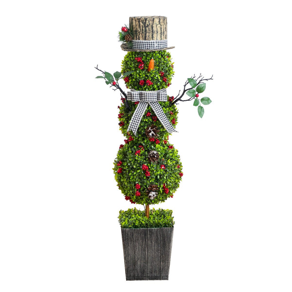 42” Pre-Lit Artificial Christmas Boxwood Snowman Topiary Tree with 45 LED Lights in Decorative Planter