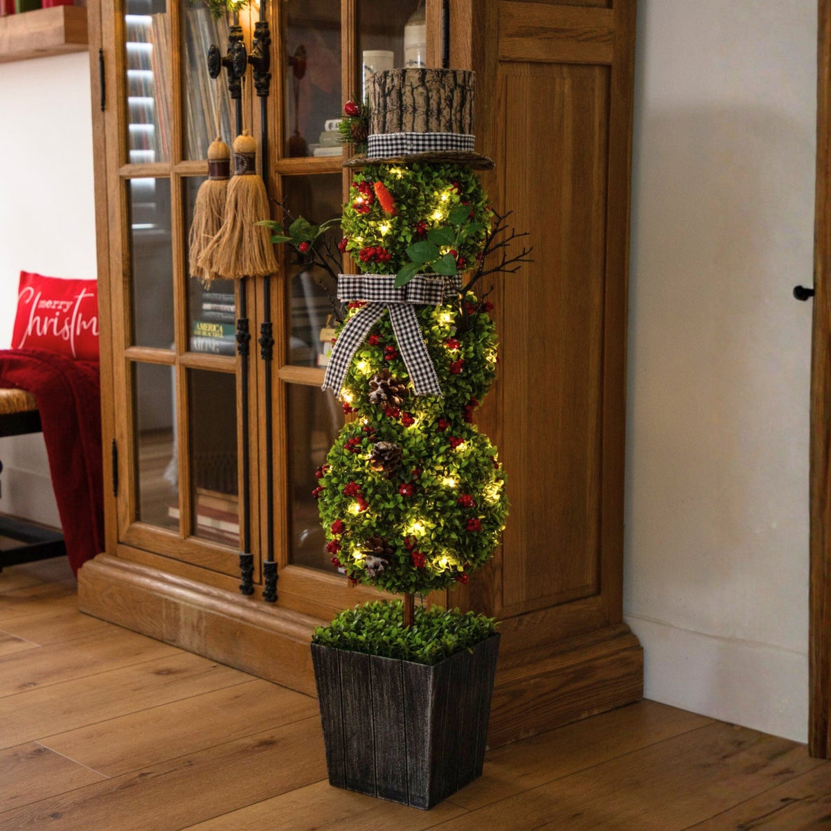 42” Pre-Lit Artificial Christmas Boxwood Snowman Topiary Tree with 45 LED Lights in Decorative Planter