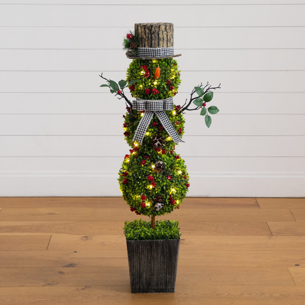42” Pre-Lit Artificial Christmas Boxwood Snowman Topiary Tree with 45 LED Lights in Decorative Planter