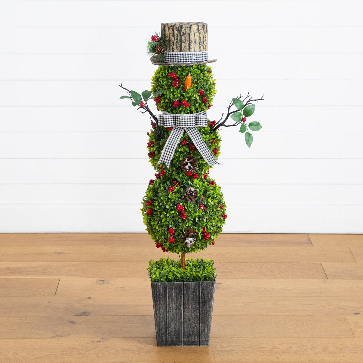 42” Pre-Lit Artificial Christmas Boxwood Snowman Topiary Tree with 45 LED Lights in Decorative Planter
