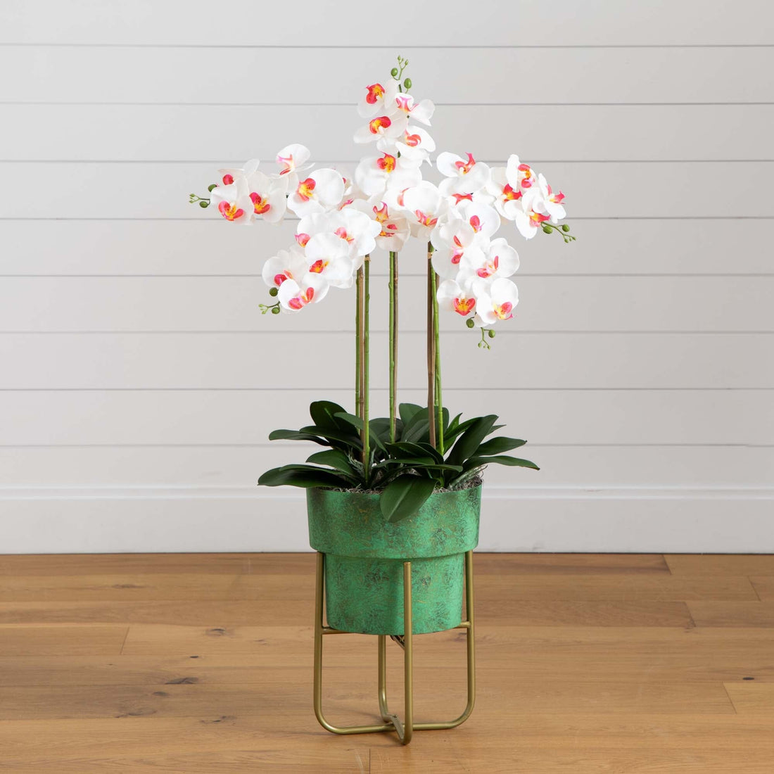 faux orchid plant in pot 43” Artificial Orchid Arrangement in Patina Metal Planter with Stand