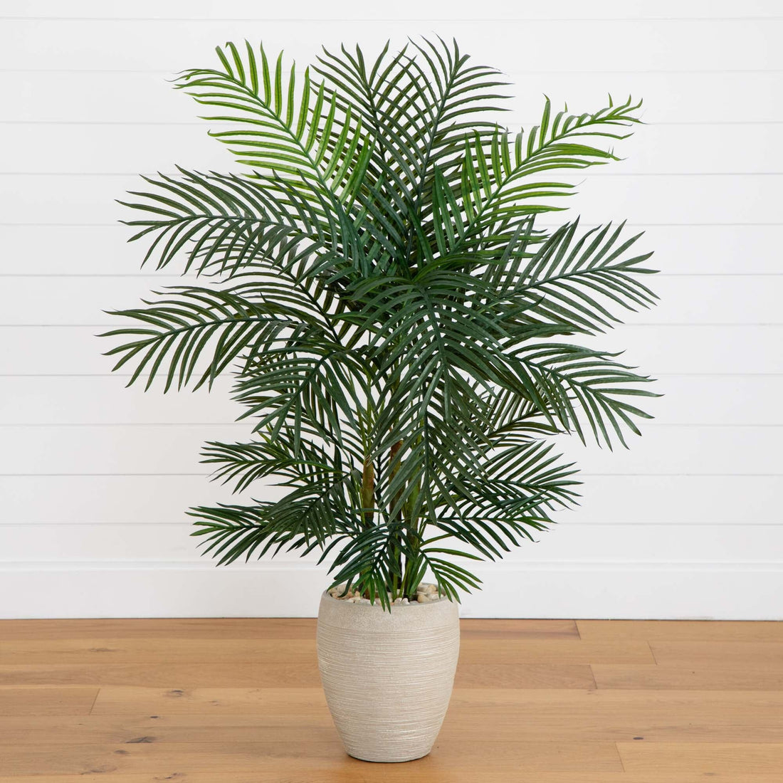 areca palm in planter 4.5’ Areca Palm Artificial Tree in Sand Colored Planter