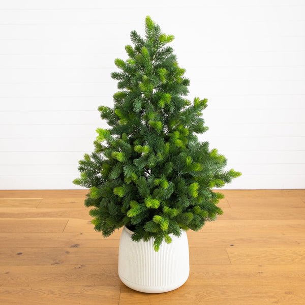 4.5' Artificial Real Touch Christmas Spruce Pine in White Decorative Planter