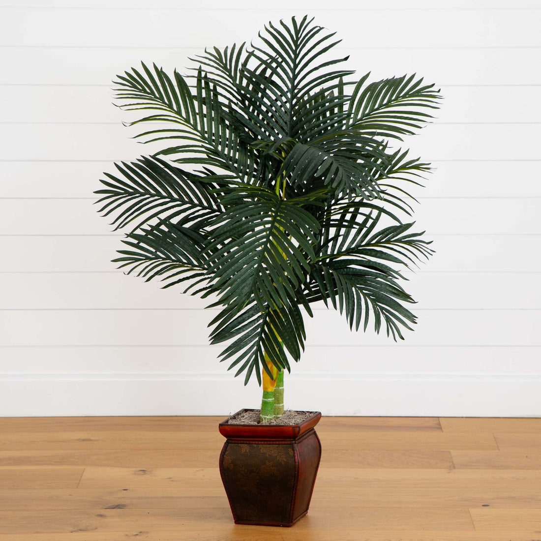 4.5' Golden Cane Palm w/Decorative Container | Nearly Natural, image size:1100x1100