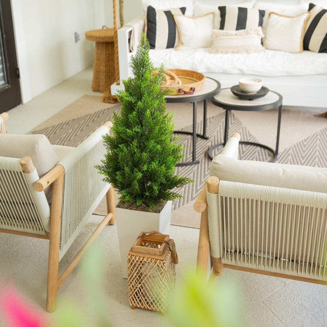 indoor cedar planter Nearly Natural 45 in. UV Resistant Artificial Cedar Tree in White Tower Planter (Indoor/Outdoor)