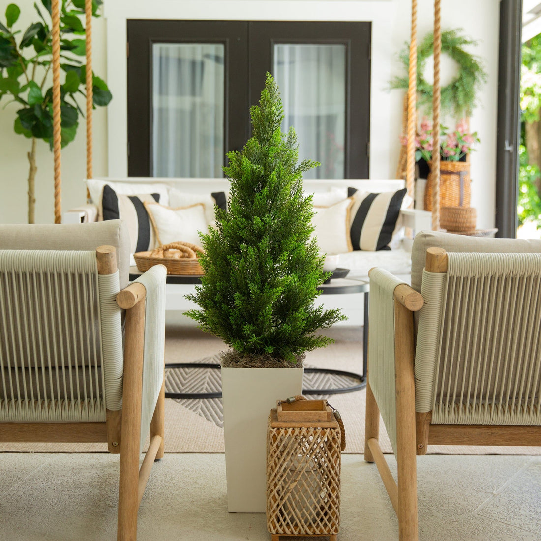 tree indoor planter 45" UV Resistant Artificial Cedar Tree in White Tower Planter (Indoor/Outdoor)