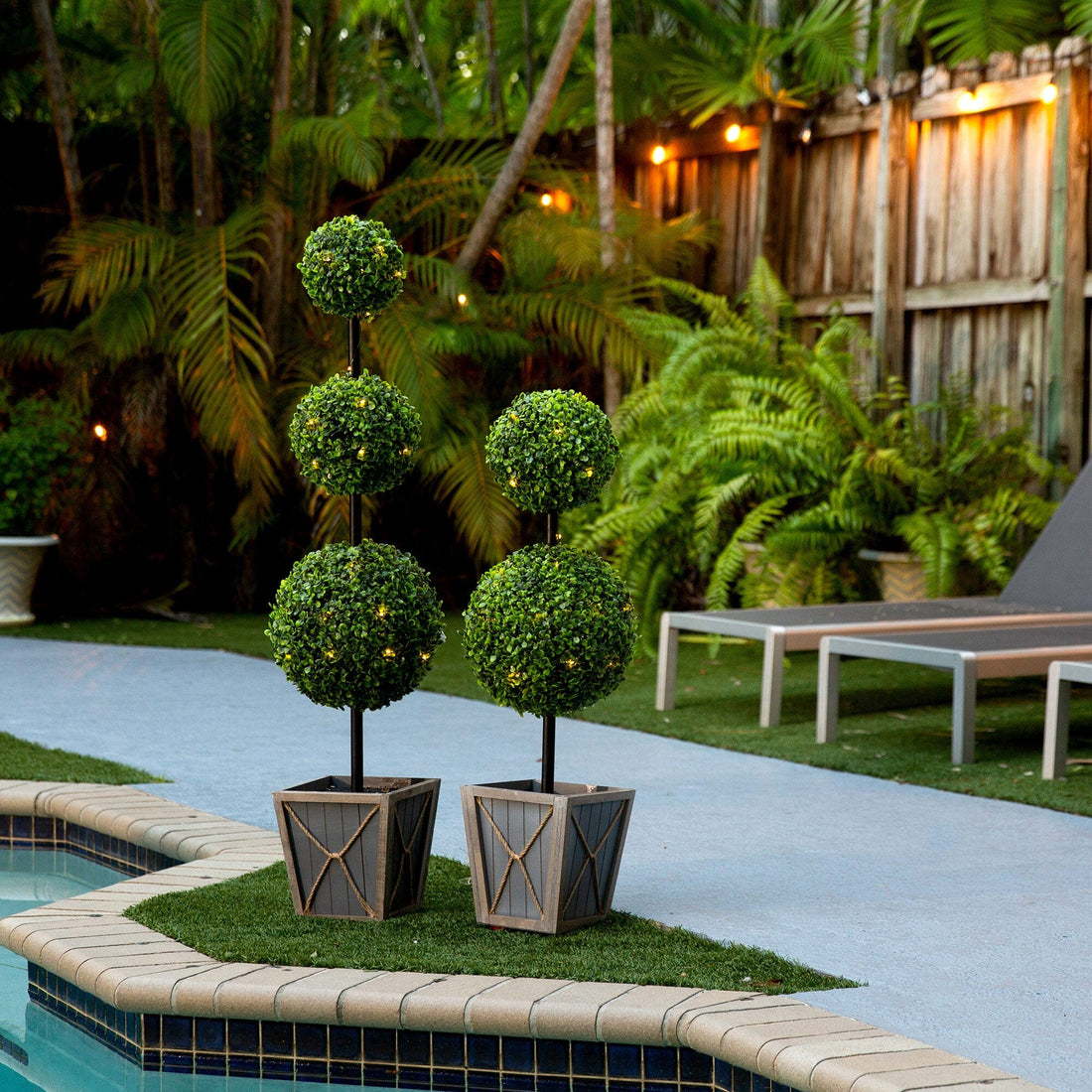 Nearly Natural 45in. UV Resistant Artificial Triple Ball Boxwood Topiary with LED Lights in Decorative Planter (Indoor/Outdoor)