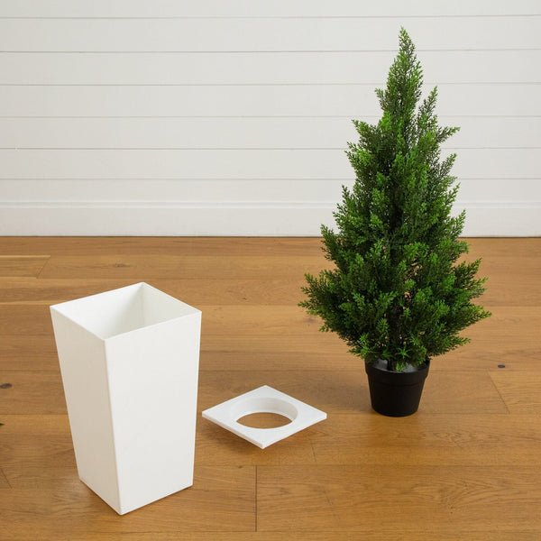 45" UV Resistant Artificial Cedar Tree in White Tower Planter (Indoor/Outdoor)