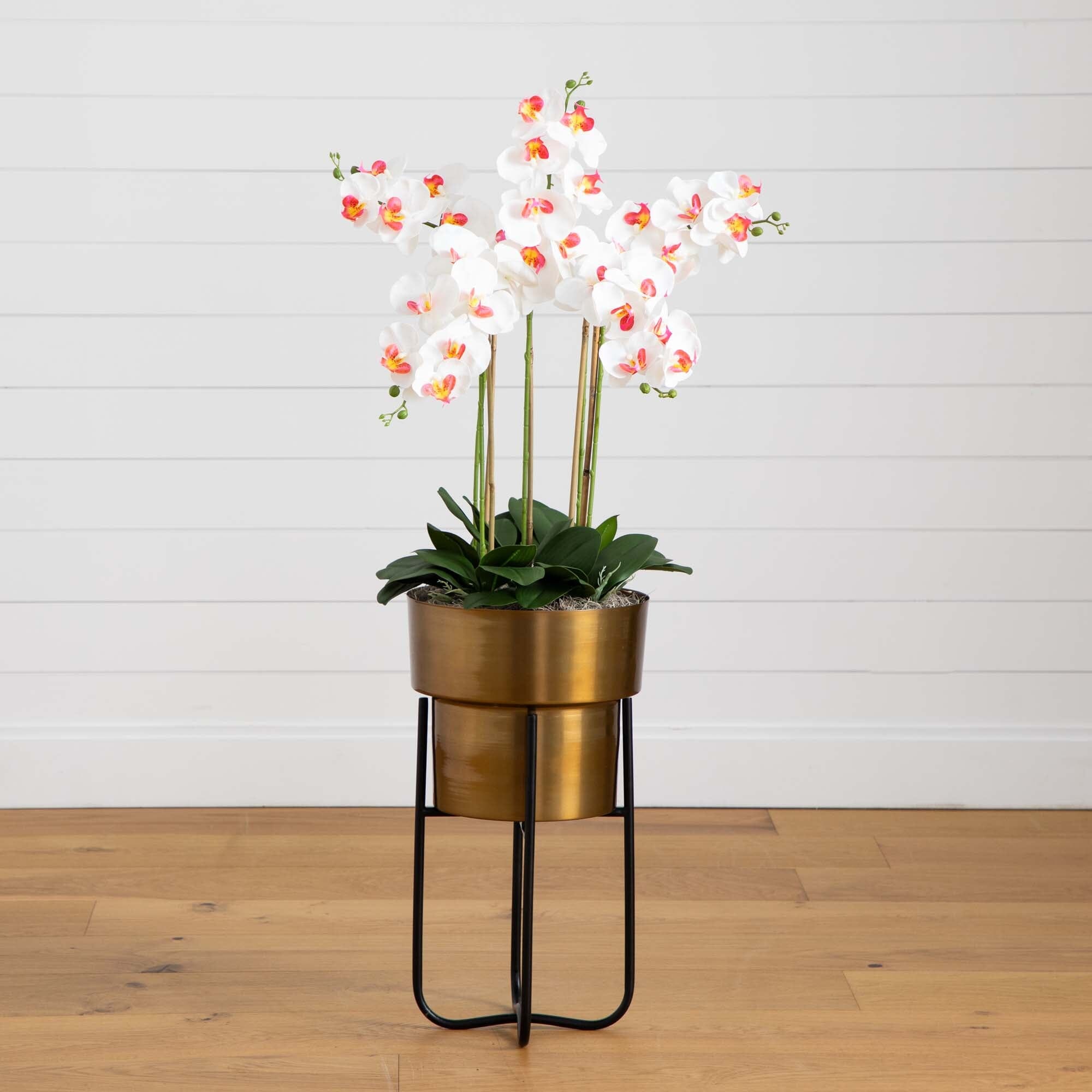 48” Artificial Orchid Arrangement in Brass Metal Planter with