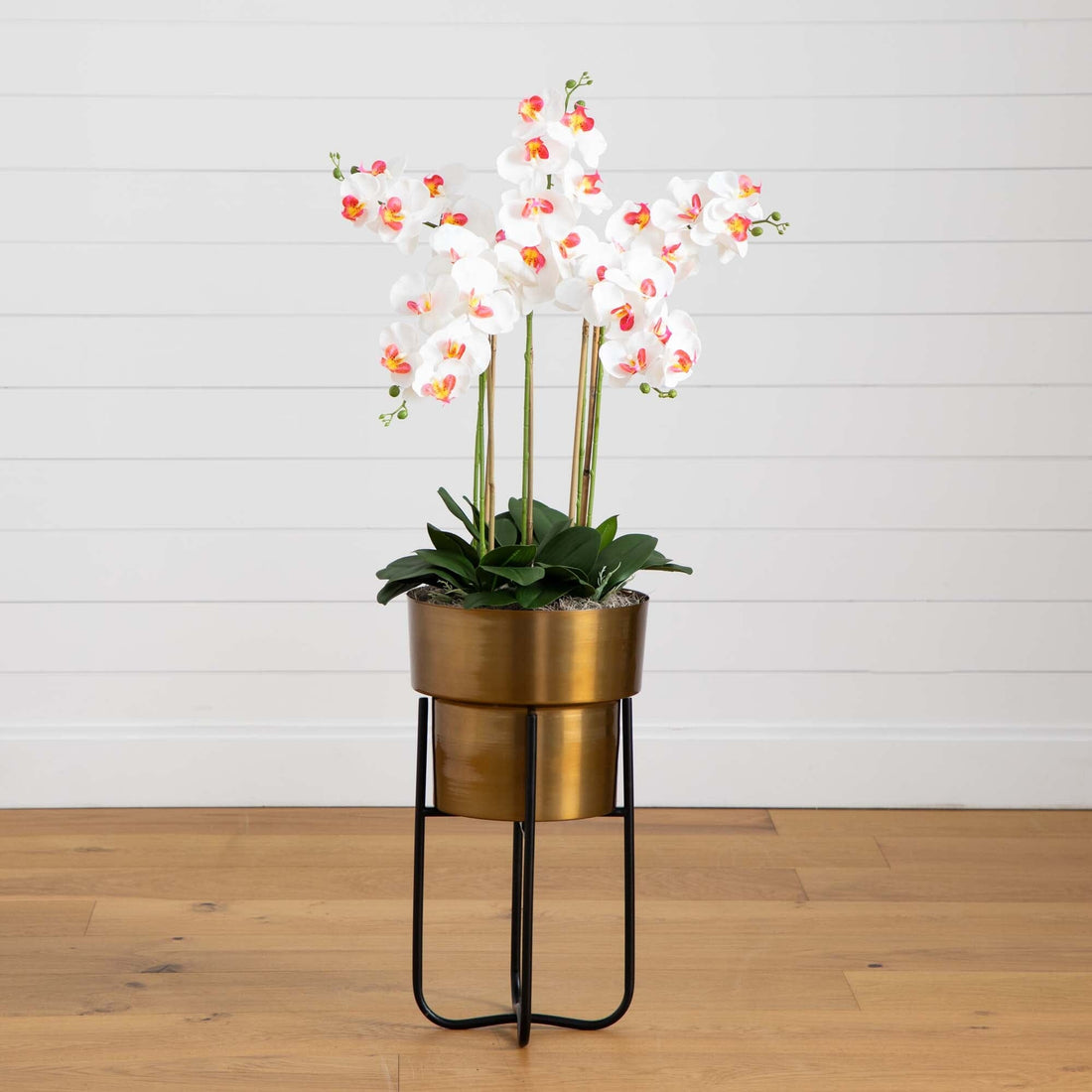 indoor plant stand for orchids 48” Artificial Orchid Arrangement in Brass Metal Planter with Stand