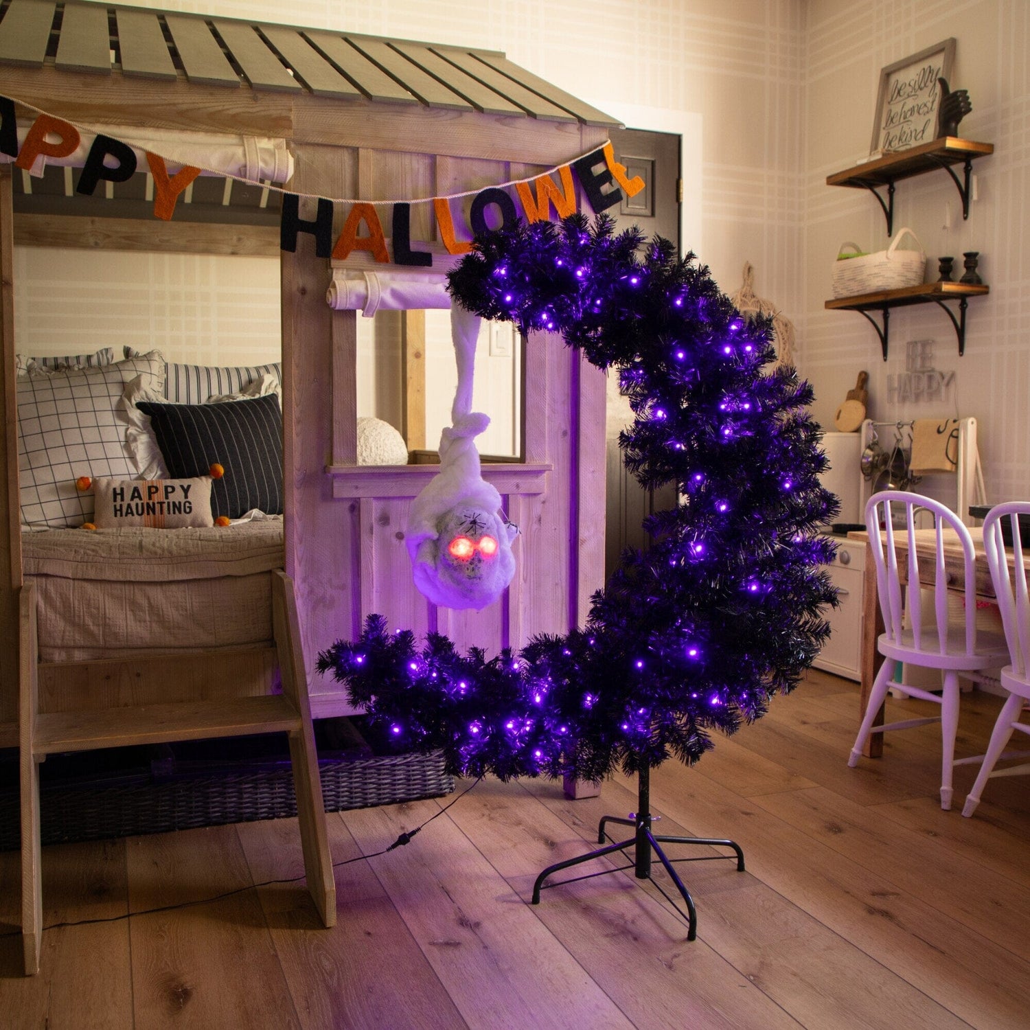 4' Pre-Lit Artificial Halloween Black Moon & Skull Tree with 250 Orange & Purple LED Lights