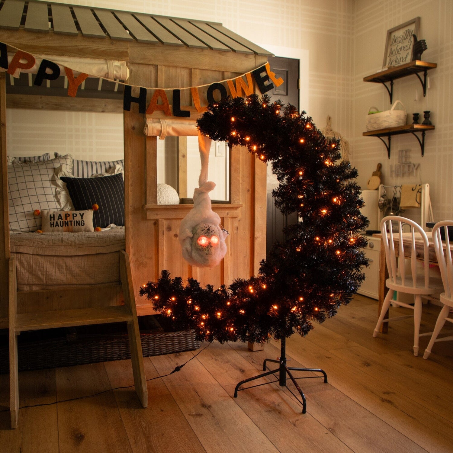 4' Pre-Lit Artificial Halloween Black Moon & Skull Tree with 250 Orange & Purple LED Lights