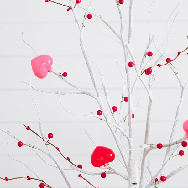 4' Pre-Lit Artificial Valentine's Day Twig Tree with 48 Heart Shaped LED Lights and Red Berries