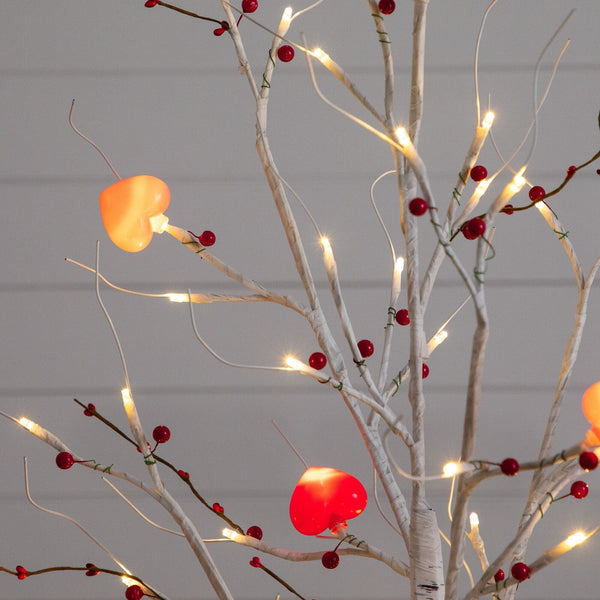 4' Pre-Lit Artificial Valentine's Day Twig Tree with 48 Heart Shaped LED Lights and Red Berries