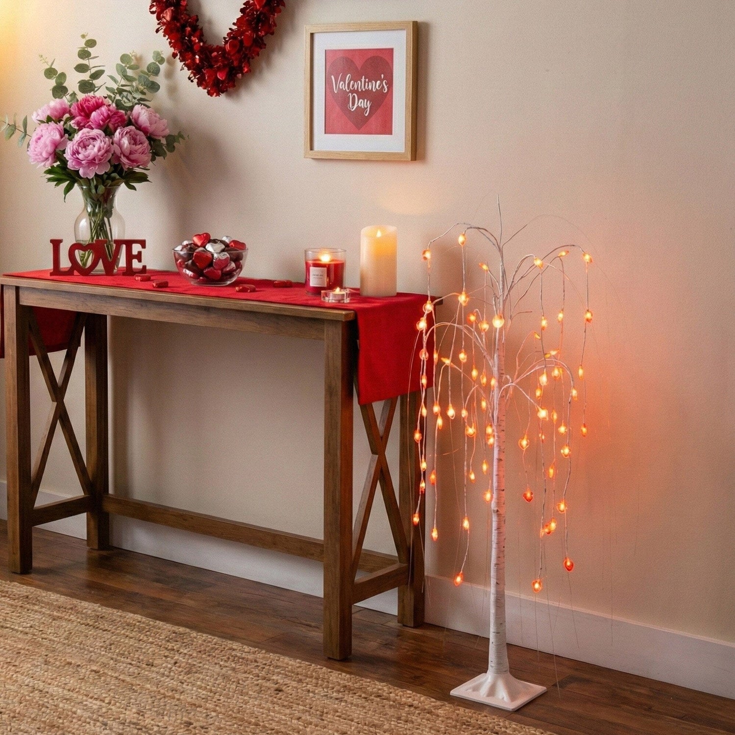 4' Pre-Lit Artificial Valentine's Day Willow Tree with 48 Heart Shaped LED Lights