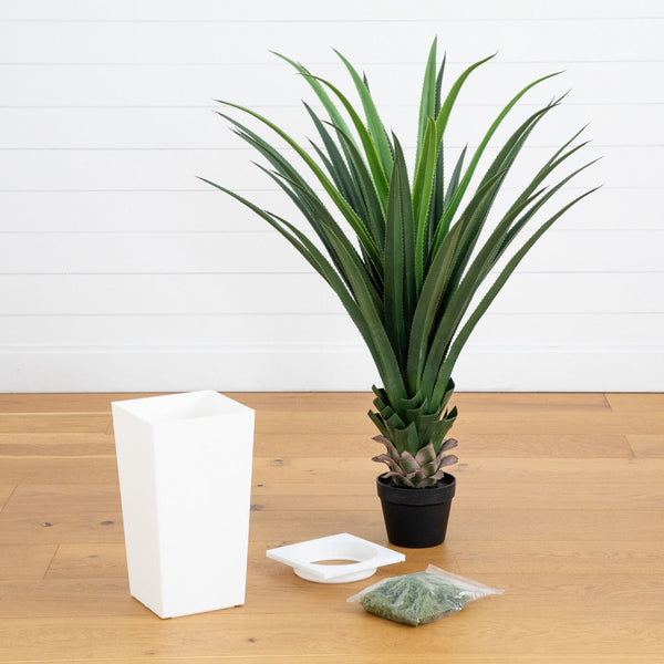 4' UV Resistant Artificial Spiked Agave Plant in White Tower Planter (Indoor/Outdoor)