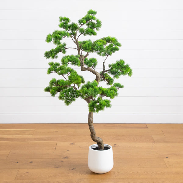 5' Artificial Bonsai Style Cedar Tree in Decorative White Planter – Nearly Natural