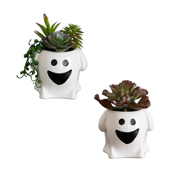 5” Artificial Halloween Succulent Garden in Happy Ghost Planter -Set of 2