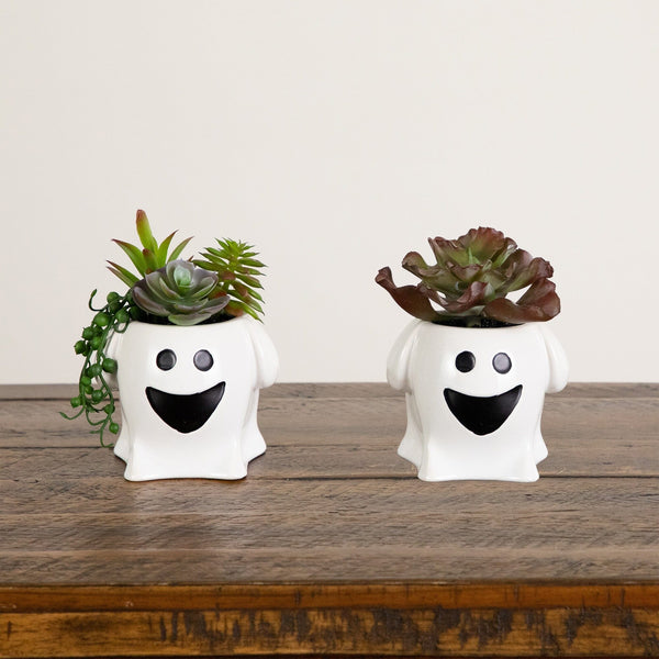 5” Artificial Halloween Succulent Garden in Happy Ghost Planter -Set of 2