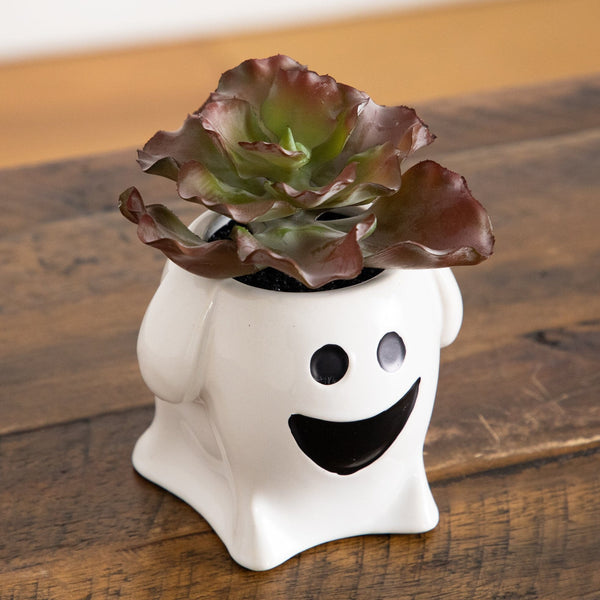 5” Artificial Halloween Succulent Garden in Happy Ghost Planter -Set of 2