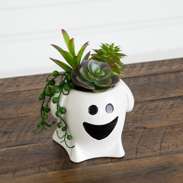 5” Artificial Halloween Succulent Garden in Happy Ghost Planter -Set of 2