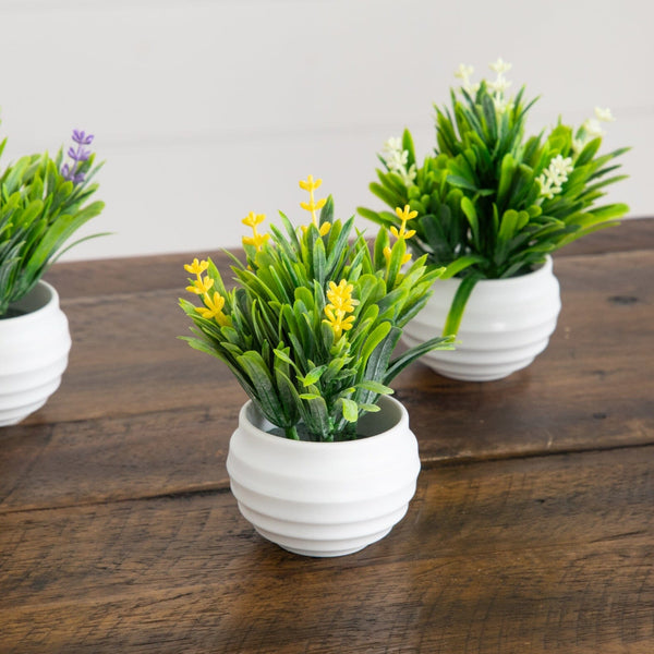5" Artificial Mini Flowering Lavender Arrangement in White Decorative Oval Planter - Set of 4