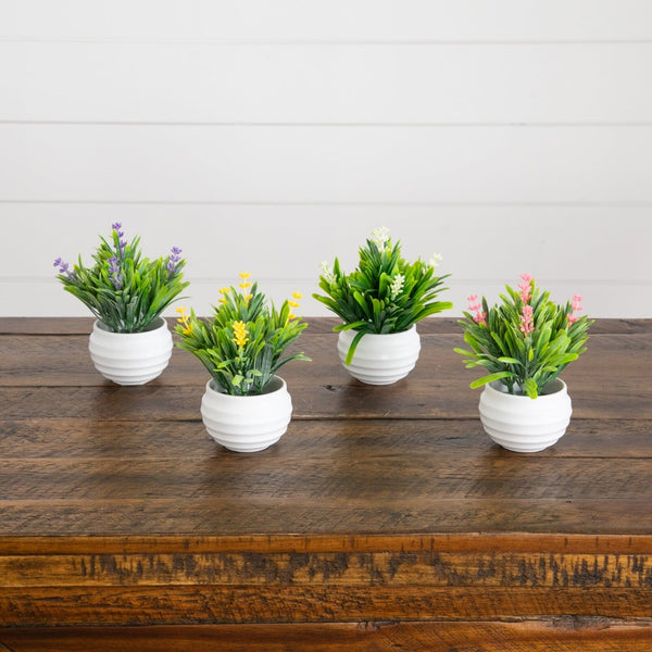 5" Artificial Mini Flowering Lavender Arrangement in White Decorative Oval Planter - Set of 4