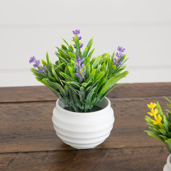 5" Artificial Mini Flowering Lavender Arrangement in White Decorative Oval Planter - Set of 4