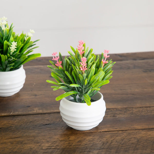 5" Artificial Mini Flowering Lavender Arrangement in White Decorative Oval Planter - Set of 4