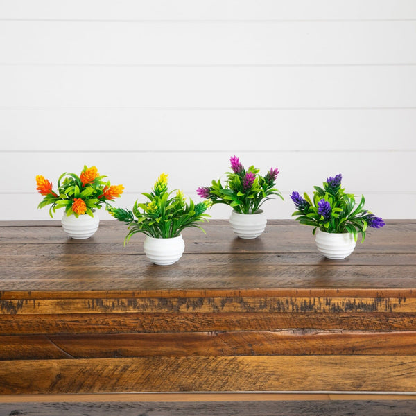 5” Artificial Mini Flowering Plant in White Decorative Oval Planter  - Set of 4