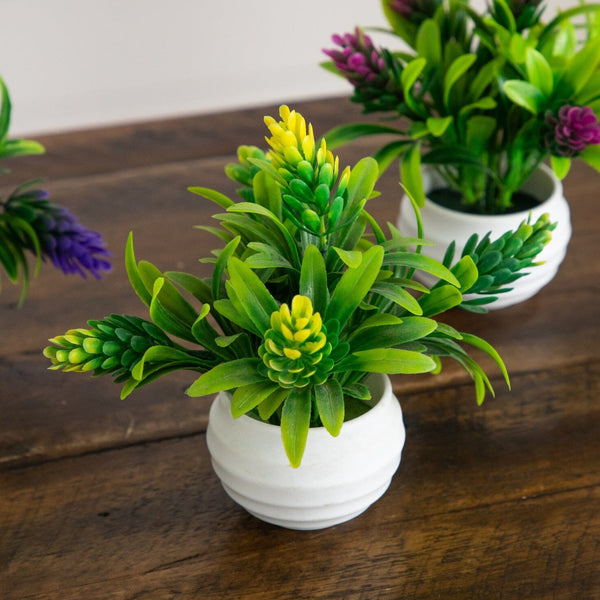 5” Artificial Mini Flowering Plant in White Decorative Oval Planter  - Set of 4