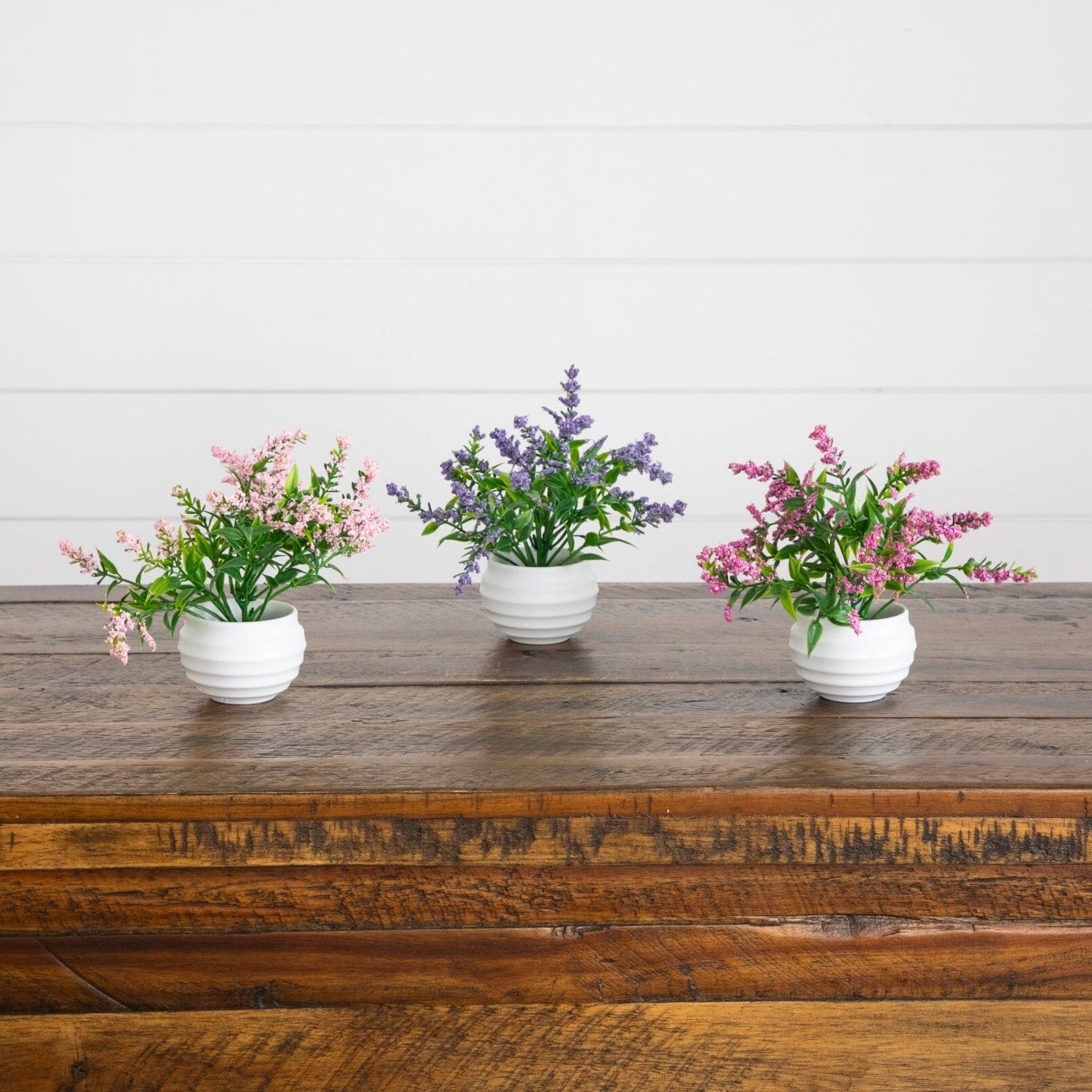5” Artificial Mini Lavender Plant in White Decorative Oval Planter - Set of 3