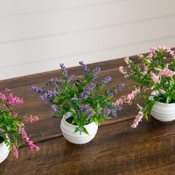 5” Artificial Mini Lavender Plant in White Decorative Oval Planter - Set of 3